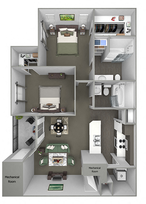 Floor plan for 2 beds, 2 baths, 1000 sqft